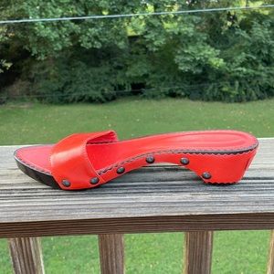 Yves St. Laurent orange red studded slides wedge sandals